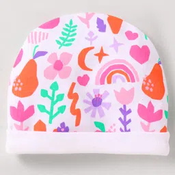 Babyhug 100% Cotton Knit Cap Mittens & Booties Set with Floral Print White - Diameter 12 cm image 2