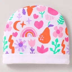 Babyhug 100% Cotton Knit Cap Mittens & Booties Set with Floral Print White - Diameter 12 cm image 3