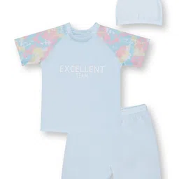 PASSION PETALS Lycra Half Sleeves Excellent Team Text Printed Swimsuit Set - Light Blue image 4