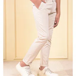 CRIMSOUNE CLUB Cotton Woven Full Length Solid Trousers - Beige image 5