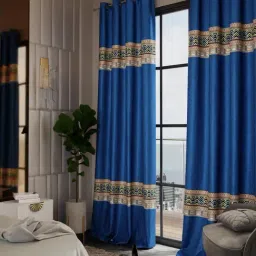 Stoa Paris Versailles Sateen Printed Blue 9 ft Long Door Curtains With Back Lining - Set of 2-image-76