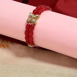 Fida Red Pearls Kundan Gold-Plated Floral Elastic Bracelet for Women image 1