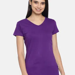 zebu Women Purple Solid V-Neck Pure Cotton T-shirt-image-64