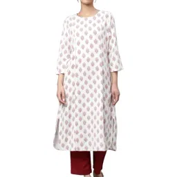Linen Club Woman White Printed A Line Kurta-image-61
