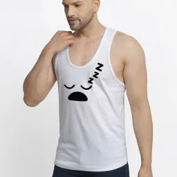 Friskers White Cotton Slim Fit Printed Gym Vest image 3