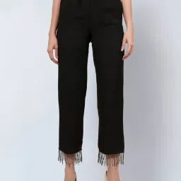 First Resort By Ramola Bachchan Black Linen Pants with Bead Lace image 1