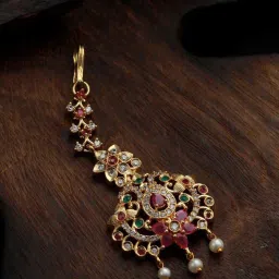 Aatmana Gold-Plated Maroon & Green AD-Studded & Beaded Handcrafted Maang Tikka for Women & Girls image 1