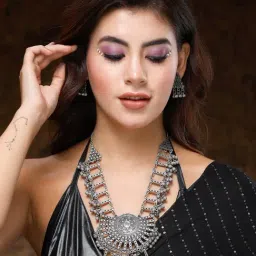 Moedbuille Ghungru Studded Tribal Design Oxidised Silver Plated Handcrafted Tasselled Jewellery Set image 2