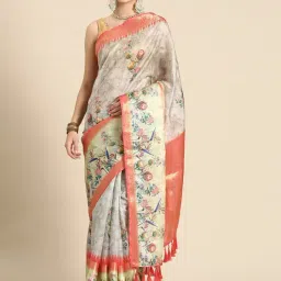 Silk Land Grey Silk Floral Print Saree With Blouse-image-52