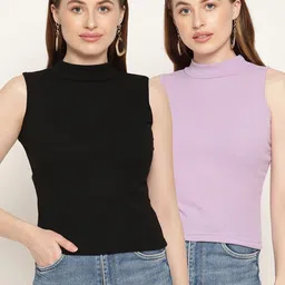 Miaz Lifestyle Pack of 2 Solid Purple & Black Indigo Fitted Top image 1