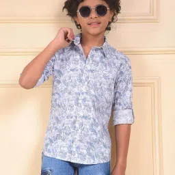 Crimsoune Club Boys Blue Slim Fit Floral Print Shirt-picture-31