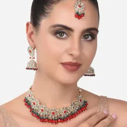 Zaveri Pearls Red & Green Ethnic Kundan Choker Necklace Earring Maangtikka & Ring Set-ZPFK14393-picture-48