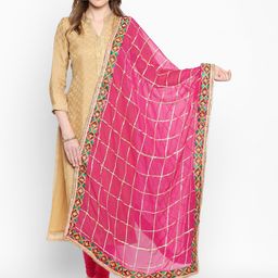 Dupatta Bazaar Pink & Gold-Toned Checked Dupatta-picture-45