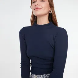 Trendyol Women Navy Blue Ribbed High Neck Pure Cotton Fitted Top-picture-26
