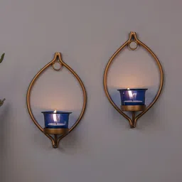 Homesake Set of 2 Gold-Toned & Blue Candle Holders With Candles-picture-28