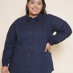 Kiaahvi Plus Size Navy Linen Shirt-image-27