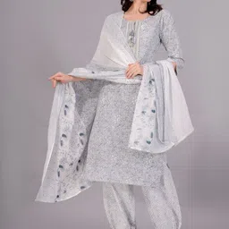 Jyoti Women Floral Printed Regular Thread Work Pure Cotton Kurta with Patiala & With Dupatta image 2