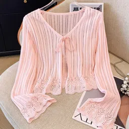 KPOP Women Self Design Tie-Up Neck Bell Sleeve Top-picture-38