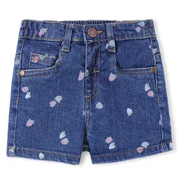 Babyhug Denim Mid Thigh Shorts With Strawberry Print - Blue-image-3