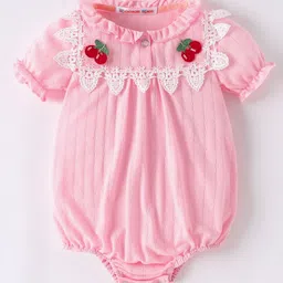 Kookie Kids Half Sleeves Onesies with Lace Detailing & Cherry Embroidery - Pink-picture-11