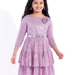 Hola Bonita Three Fourth Sleeves Knee Length Sequined Tiered Party Frock With Floral Applique  - Lilac-picture-22