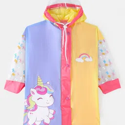 Babyhug Full Sleeves Below Knee Length Hooded Raincoat Unicorn Print - Lavender & Yellow-image-76