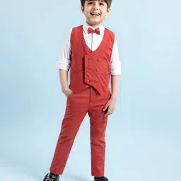 Babyhug Woven Full Sleeves Solid Color Party Suit with Shirt Waistcoat Trousers and Bow - White Rust Red-picture-19