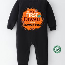 BLUSHES Diwali Theme 100% Cotton Full Sleeves My First Diwali With Mumma & Papa Text Printed Romper - Black-picture-7