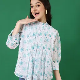 ISHTI Georgette Three Fourth Bishop Sleeves Floral Printed & Pleated Top - Sky Blue-picture-15