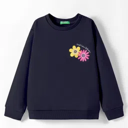 UCB Cotton Knit Full Drop Shoulder Sleeves Sweatshirt with Floral Print -Navy Blue-image-96