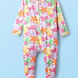 Babyhug Cotton Knit Full Sleeves Footed Sleepsuit With Fish Print - Multicolour-picture-19