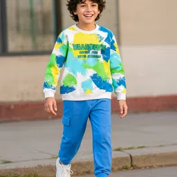 OLLINGTON ST. Cotton Knit Full Sleeves Printed Sweatshirt & Knit Joggers Set - White & Blue-picture-13