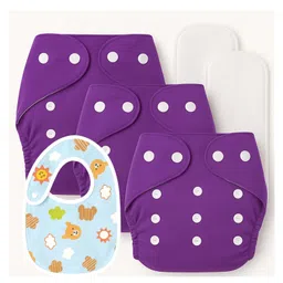Sparkle Joy Free Size Reusable Cloth Diaper With Insert Pad 3 Pcs Diaper With 2 Pcs Insert 1 Pcs Feeding Bib- Purple-picture-24