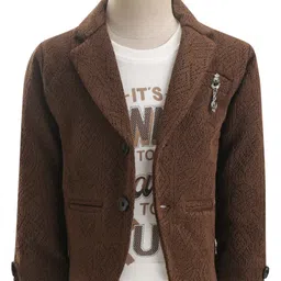 Dapper Dudes Full Sleeves Textured Blazer With Typography Printed Tee Set - Brown-picture-30