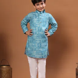 P-MARK Heavy Cotton Woven Full Sleeves Floral Printed Kurta Pyjama Set - Teal Green-picture-15