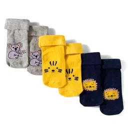 Cute Walk by Babyhug Knit Ankle Length Antibacterial Socks With Animal Design Pack Of 3 - Yellow Grey & Black-picture-20