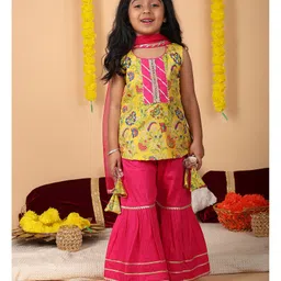 Kinder Kids Cotton Woven Sleeveless Floral Printed & Gota Lace Embellished Kurti Sharara With Dupatta Set - Yellow-picture-35