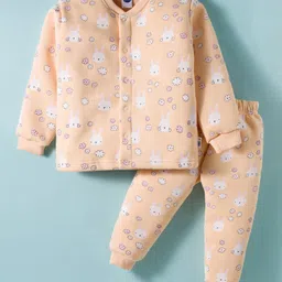 Teddy Fleece Knit Full Sleeves Winter Wear Night Suit With Floral Print - Light Orange-picture-12