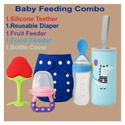 Joy Buzz Reusable Cloth Diaper / Nappies With Insert, Fruit Nibbler, Spoon Food/milk Feeder, Silicone Fruit Shape Teether & Silicone Cleaning Brush Feeding Bottle for Babies, Feeding Combo-pack of 5-image-17