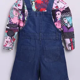 M'andy Denim Woven Comic Style Girls Printed Jumpsuit With Full Sleeves Tee - Multi Colour image 3