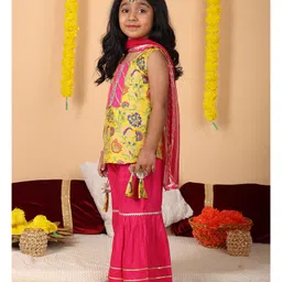 Kinder Kids Cotton Woven Sleeveless Floral Printed & Gota Lace Embellished Kurti Sharara With Dupatta Set - Yellow image 4