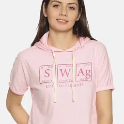 Campus Sutra Women Pink Printed Hooded Crop Pure Cotton Top image 1