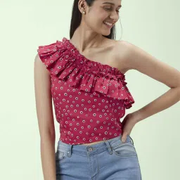 People by Pantaloons Red Cotton Printed Crop Top image 1