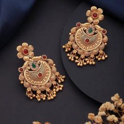 Aatmana Gold-Plated Green & Red Stone-Studded & Beaded Chand Bali Earrings-picture-47