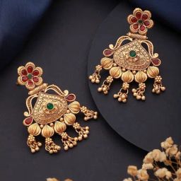 Aatmana Gold-Plated Red & Green Stone-Studded & Beaded Chand Bali Earrings-picture-39