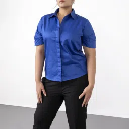 Qua Cobalt Blue Ruched Sleeved Shirt image 1