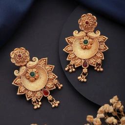 Aatmana Gold-Plated Red & Green Stone-Studded & Beaded Chand Bali Earrings-picture-46