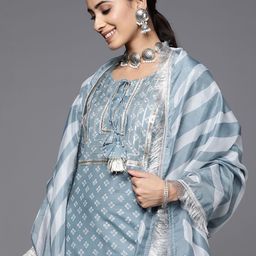 Varanga Women Grey Bandhani Yoke Design Sequinned Kurta with Trousers & Dupatta-picture-38