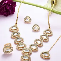 Zaveri Pearls Gold Tone Austrian Diamonds & Stones Necklace Earring Maangtikka & Ring Set-ZPFK16499-picture-31