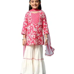 BIBA Girls Berry Pink & White Floral Print Kurta Set image 1